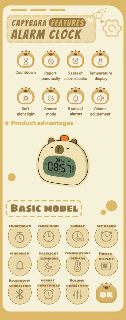 Bedside LED Clock Kids Alarm Clock Children's Sleep Trainier Temperature Display With Rechargeable Control Digital Cute Capybara