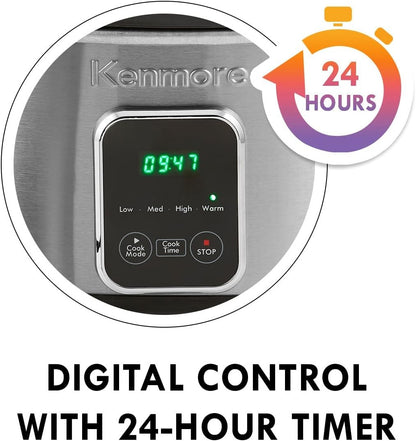 Panela Elétrica de Lenta Cocção Programável de Aço Inoxidável Kenmore 7 Litros para Arroz Aquecido e Cozido Sous Vide