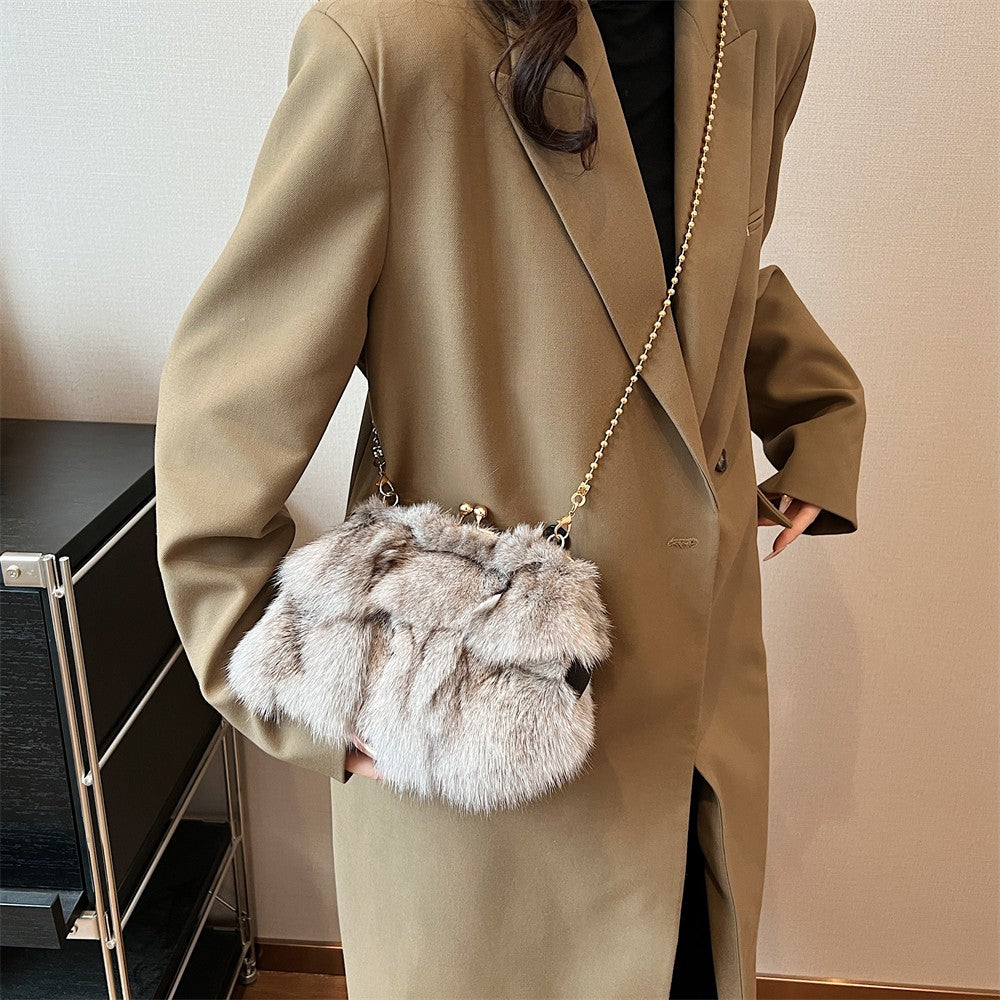 MOODS Soft Plush Evening Bags For Elegant Women Fox Fur Dinner Party Clutch Chain Crossbody Winter Warm Luxury Designer Handbags