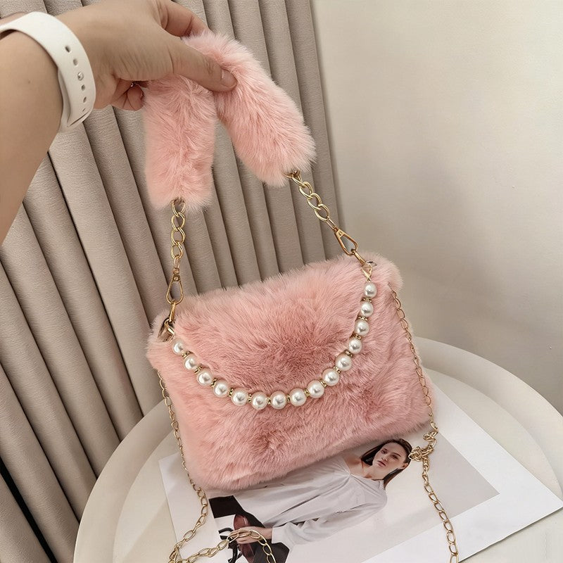 Fashionable Pearl Rabbit Fur Velvet Handbag Women's Crossbody Bag Chain Design Autumn Winter Small Versatile Bag Elegant