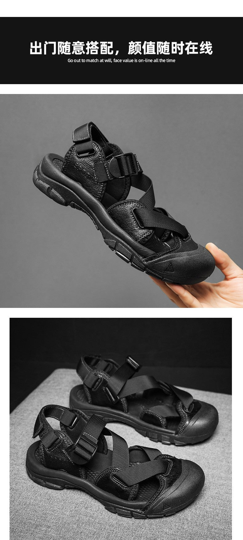 Sandals for Men's Summer New Cowhide Casual Beach Shoes, Genuine Leather for Men's Anti Slip Middle-aged Sandals and Slippers