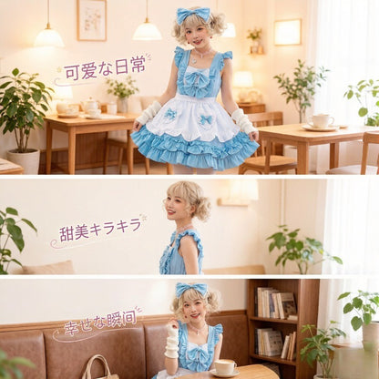 Japanese Cafe Blue Alice Maid Outfit, Cute Cosplay Puffy Dress, Sweet Princess Costume For Role Play Party Daily Casual Wear