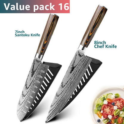 Conjunto de Facas de Cozinha 1-7PÇS Faca de Chef Japonesa Santoku 7CR17 Aço Inoxidável 440C Faca de Imitação de Damasco Cutelo de Carne Fatiador
