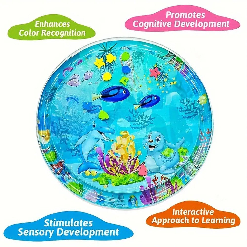 1pc 100cm/39.4inch PVC Baby Playing Water Mat Blue Round Seal Pattern Toddler Pad Kids Early Education Activity Toys Mat Cushion