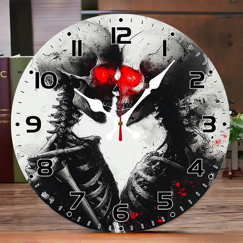 Evil Skull Wooden Round Silent Hanging Wall Clock, Suitable For Living Room, Office, Study Room, Bedroom, Home Decoration