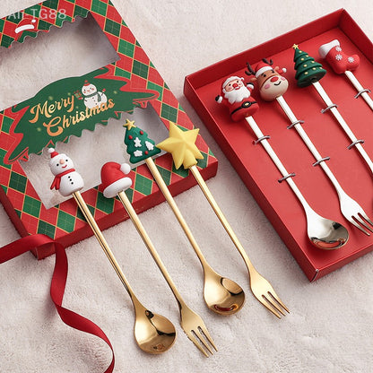 Stainless Steel Christmas Fork And Spoon Set with Gift Box for Coffee Tea Dessert Tableware