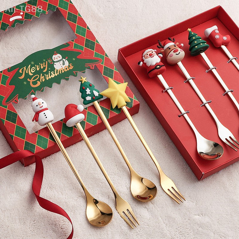 Stainless Steel Christmas Fork And Spoon Set with Gift Box for Coffee Tea Dessert Tableware