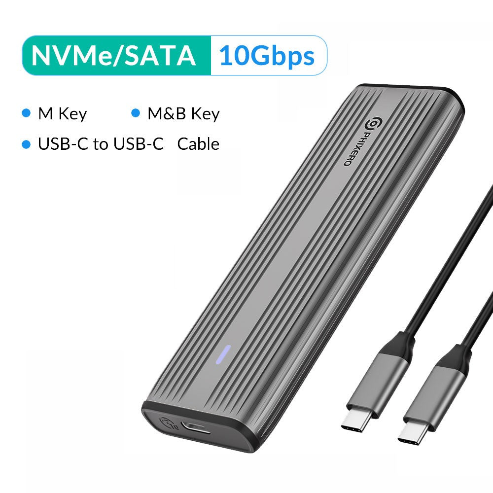 PHIXERO M.2 NVMe SATA SSD Enclosure Duplo Protocolo NVMe para Adaptador USB 10Gbps USB 3.1 Gen2 USB C Case Externo Liga de Alumínio