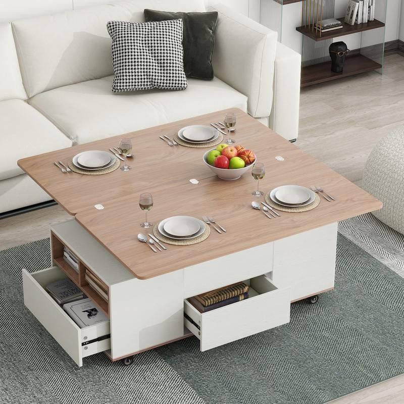 Modern Walnut & White Lift-Top Coffee Table, Multi-Functional with Drawers & Shelves