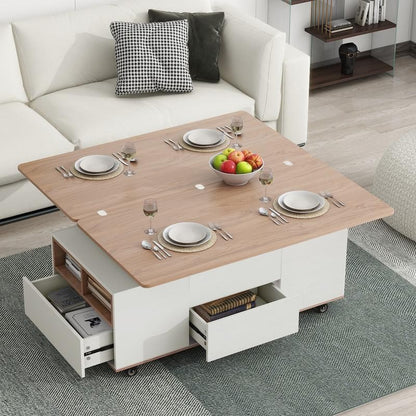 Modern Walnut & White Lift-Top Coffee Table, Multi-Functional with Drawers & Shelves