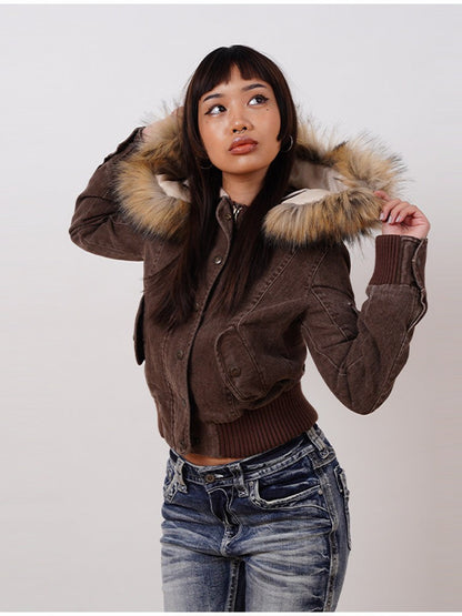 Vintage Brown Short Hooded Jacket Women's Full Sleeve Slim Detachable Fur Collar 2025 NEW Winter  Autumn Female Outerwear