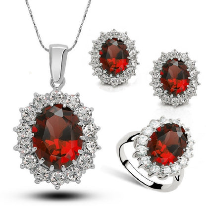 Conjuntos de joias de casamento e noivado femininos autênticos folheados a prata esterlina 925 com anel de brincos de colar de cristal de zircônia oval princesa