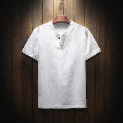 Men's Summer Loose-fit Short Sleeve Linen T-shirt Cotton Linen Body Solid Color Breathable V-neck Thin Top