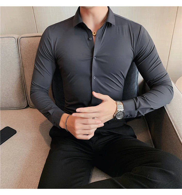 Men's Long Sleeved Elastic Shirt No Ironing Business Wear Professional Workwear Stand Up Collar Shirt Casual Solid Color Shirt