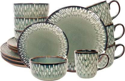 Conjuntos de Louça de 16 Peças – Louça Redonda de Cerâmica Esmaltada Reativa – Louça de Cozinha de Porcelana com Prato de Jantar, Tigela e P