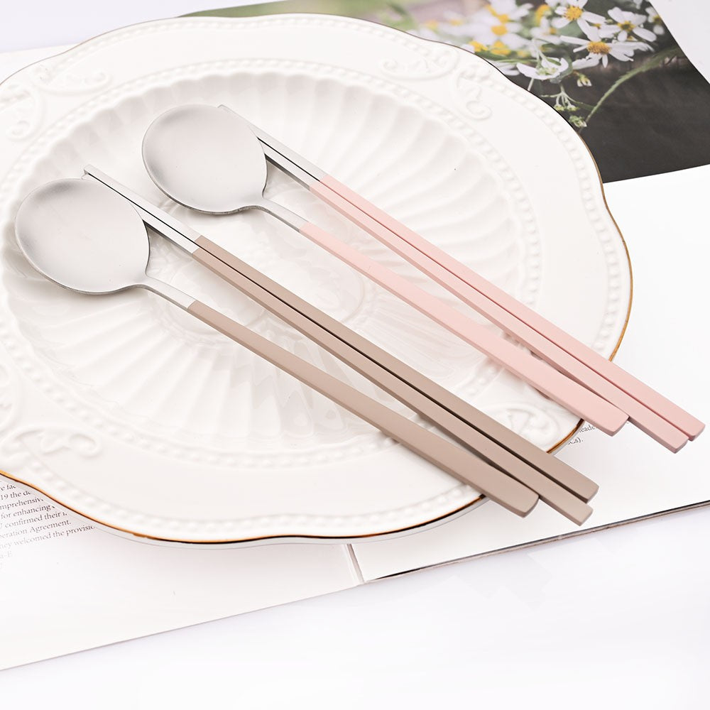 2Pcs Sushi Chopsticks Spoon Flatware Set Korean Colorful Silver Matte Tableware Stainless Steel Cutlery Set Spoon Dinnerware Set