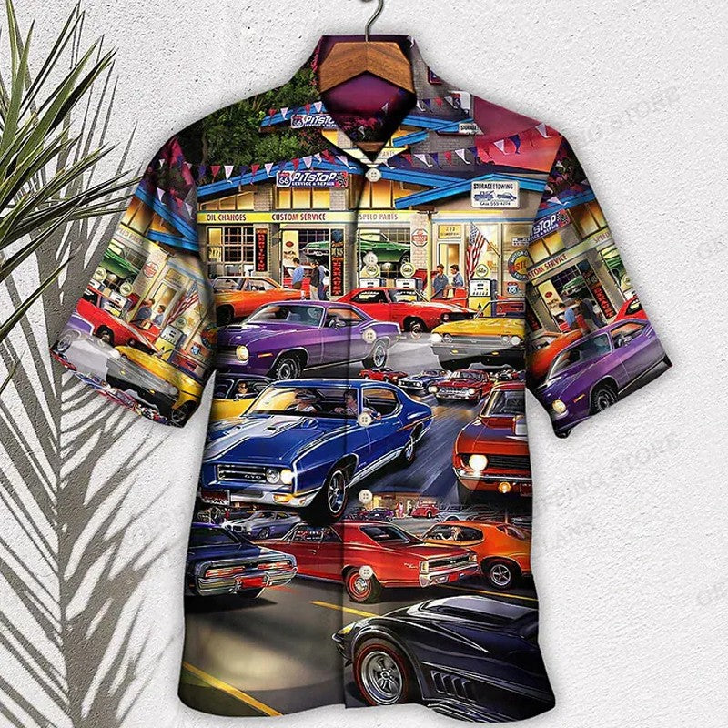 Men's Hawaiian Shirt Car Graphic Print Shirts Men Fashion Casual Beach Blouse Vocation Lapel Motorcycle Camisa