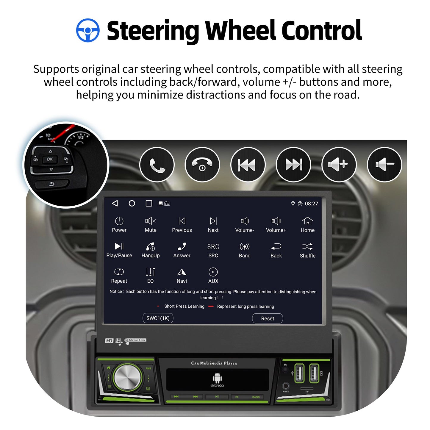 ESSGOO 1 DIN 7 Polegadas Flip Out Tela Touchscreen 4+64G Android 14 Rádio Estéreo Automotivo Apple Carplay GPS Navi Wifi FM RDS Bluetooth USB EQ