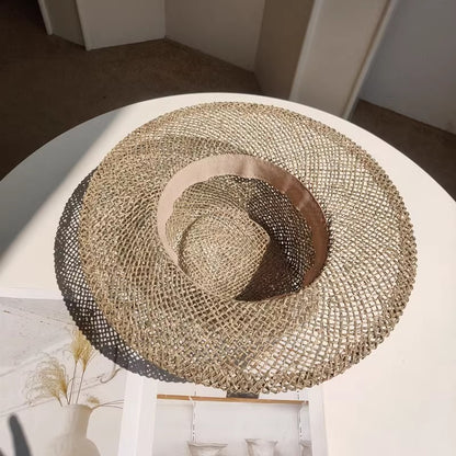 Chapéu de palha de verão alfinete de pérola chapéu de palha feminino de aba plana oco com ranhuras de verão para praia e sol sombreiro ????