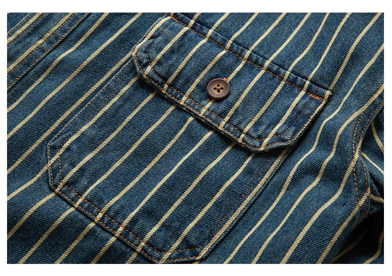 American Retro Workwear Long Sve Denim irt Loose Casual Striped ket irt Youth Trend Autumn Wear Iron Free