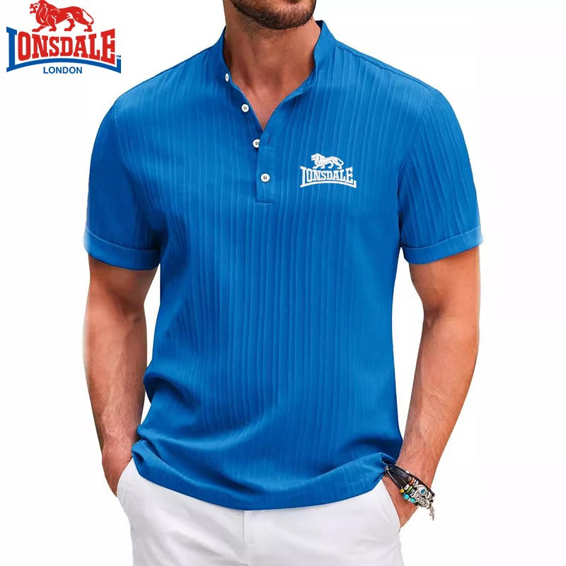 Embroidered LONSDALE Cotton Linen Striped Henry Short Sleeved Polo Shirt for Men's New Summer Business Casual Breathable T-shirt