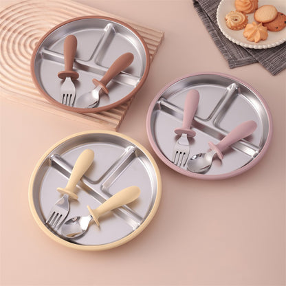 3PCS Silicone Stainless Steel Feeding Kit Toddler Sucker Feeding Dishes Plate Infant Self Feeding Training BPA Free Fork Spoon