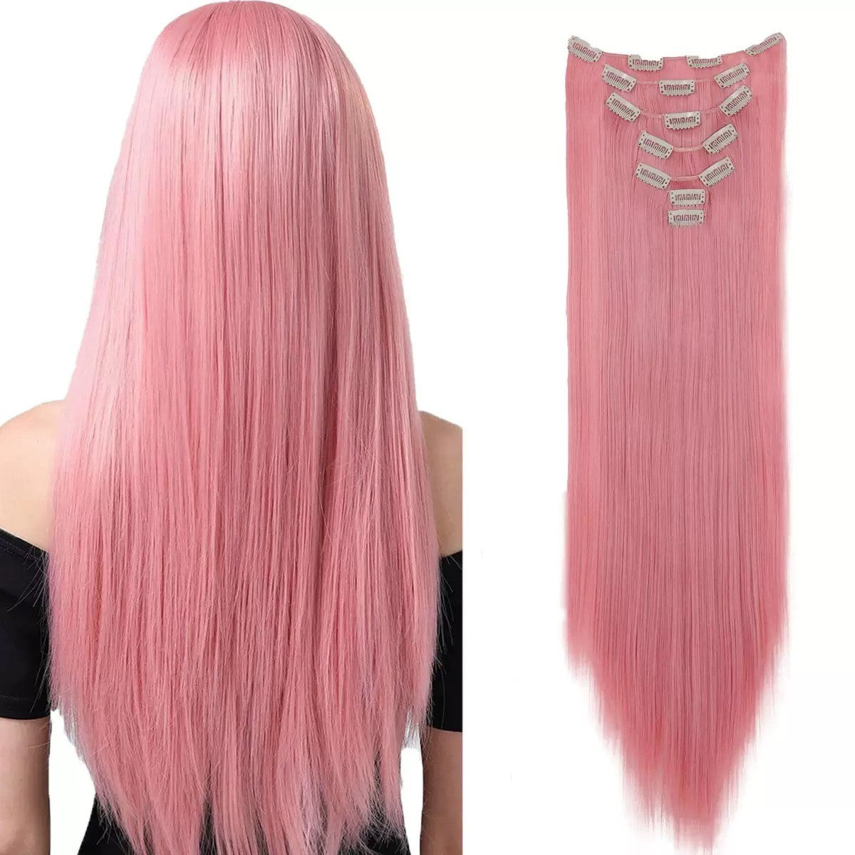 Extensões de Cabelo com 7 Presilhas, Longo, Liso, Rosa, 60CM, Cabelo Sintético Natural, Uso Diário, Aplique para Mulheres