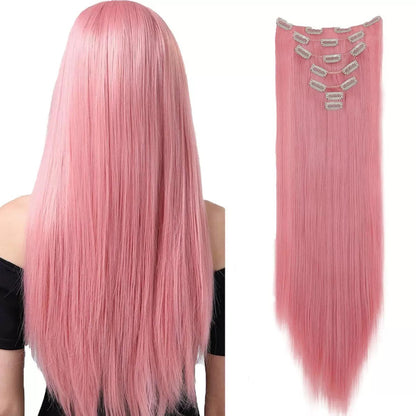 Extensões de Cabelo com 7 Presilhas, Longo, Liso, Rosa, 60CM, Cabelo Sintético Natural, Uso Diário, Aplique para Mulheres