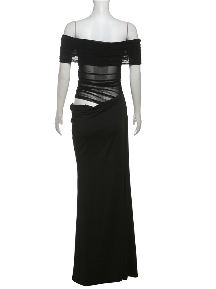 Weird Puss Ruched Irregular Dress Women Mesh Patchwork Slash Neck Short Sleeve S
