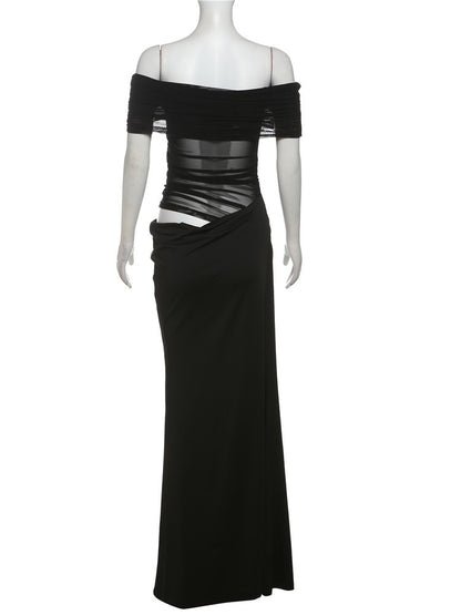 Weird Puss Ruched Irregular Dress Women Mesh Patchwork Slash Neck Short Sleeve S
