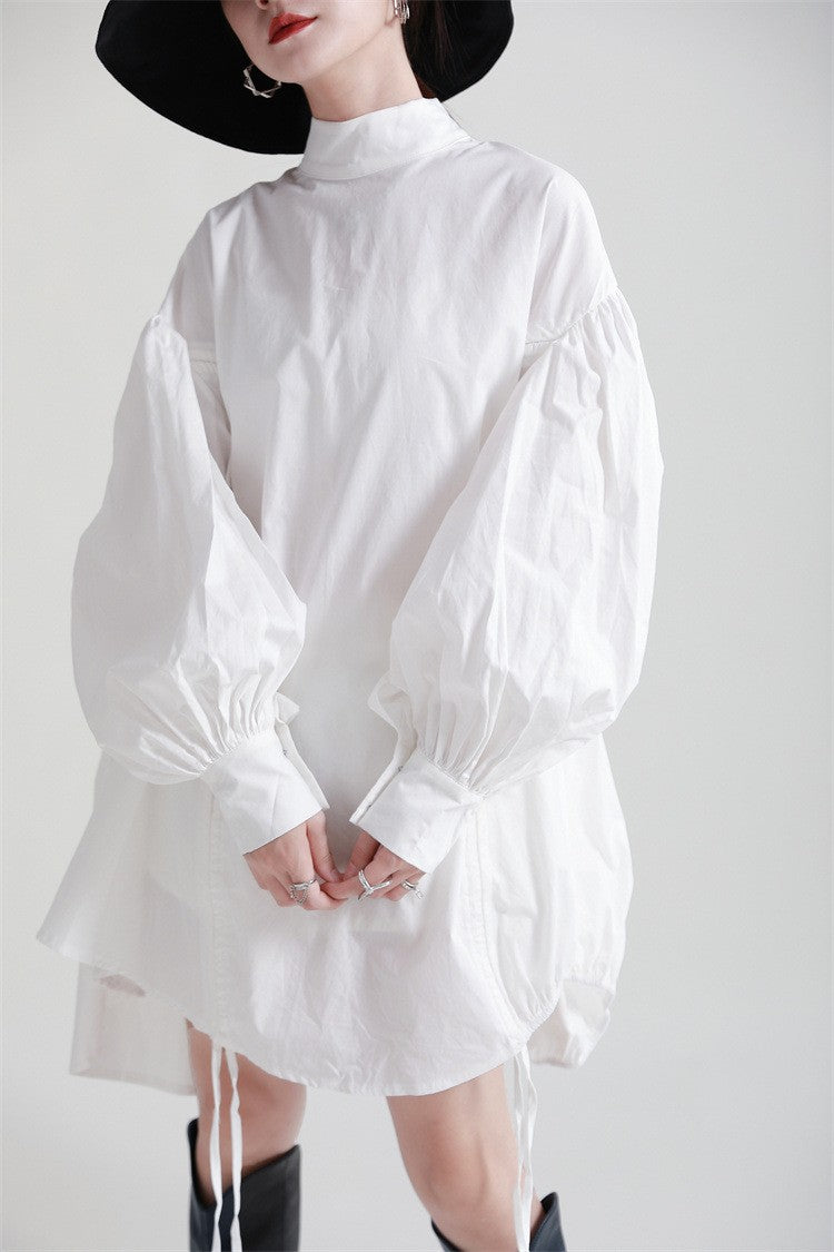 2025 Women Irregular Drawstring Big Size White Blouse New Stand Collar Long Sleeve Shirt Fashion Tide Spring Autumn