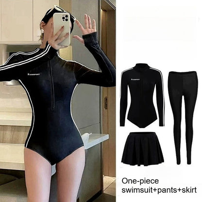 Long Sleeve Swimsuit Women Full Body Wetsuit Front Zip One Piece Bathing Suit with Built in Bra for Wakeboarding Diving Vacation