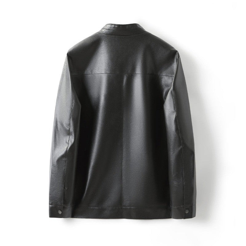 Men's Stand Collar Slim Fit Autumn Winter New Haining Leather Jacket Men's Middle-aged Plus Velvet Thickening