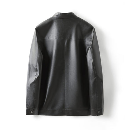 Men's Stand Collar Slim Fit Autumn Winter New Haining Leather Jacket Men's Middle-aged Plus Velvet Thickening