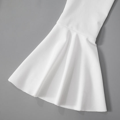 Ruffled Lace-Up White Mini Dress Women's V-Neck Patchwork Long Sleeve Sexy Slim