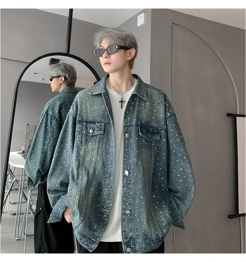American Trendy Denim Jacket Mens Make Old Flash Diamond Fashion Outwear Spring Single-breasted Street Couple Cowboy Coats