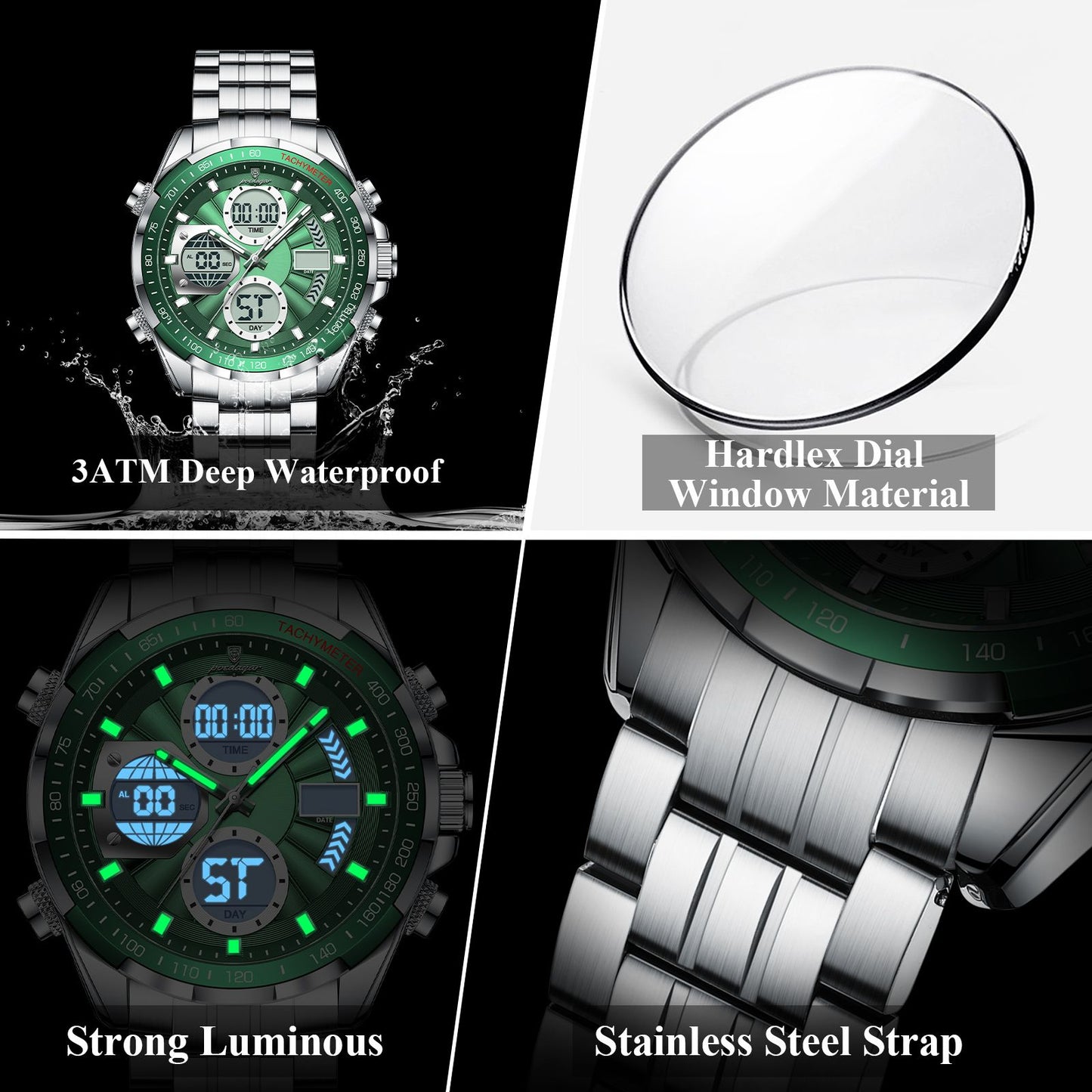 POEDAGAR Top Man Clock Waterproof Electronic LED Luxury Men's Watches Dual Time Display Digital Stainless Steel Men Quartz Watch