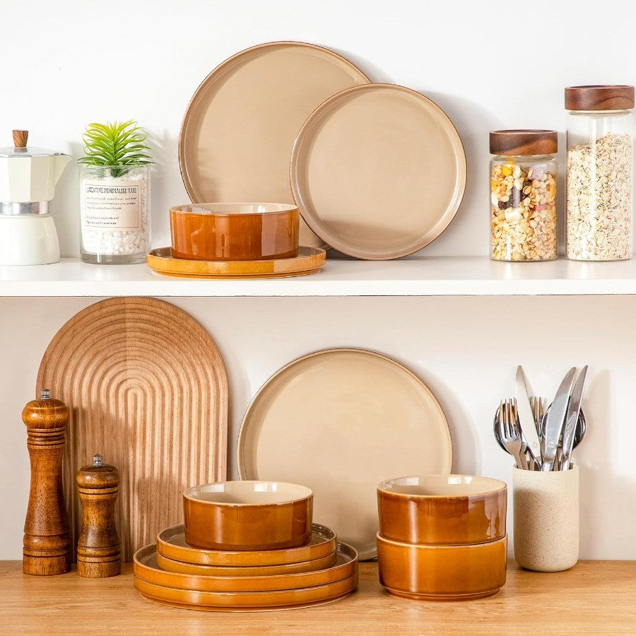 Ceramic Plates and Bowls Sets 12 Pieces Brown Dinnerware Sets for Kitchen Reactive Glaze Dishes Set for 4 Dishwasher and Microw