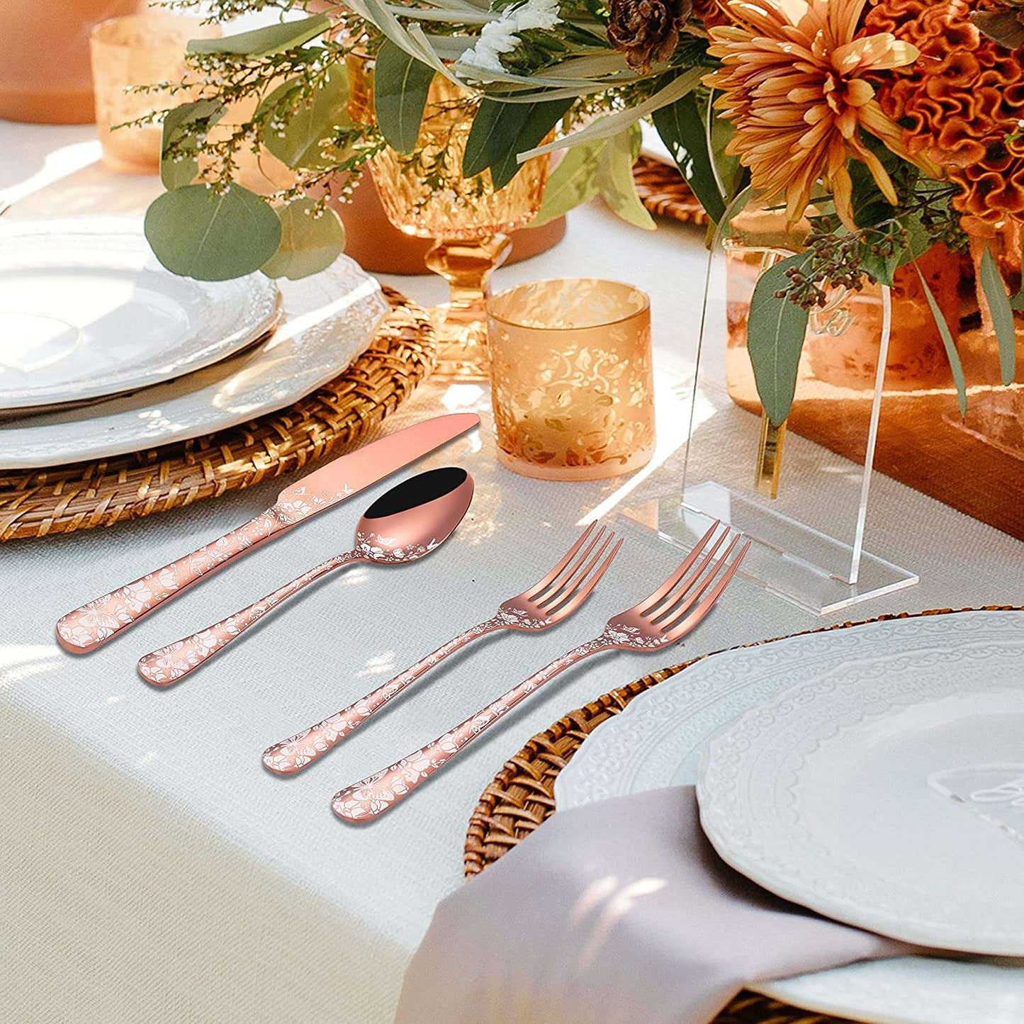 Conjunto de Talheres de Cobre com 20 Peças, Aço Inoxidável, para 4 Pessoas, Conjunto Exclusivo de Utensílios de Mesa com Garfo, Colher e Faca