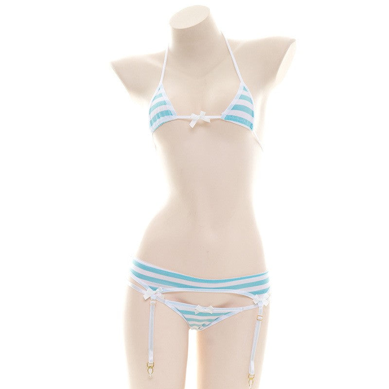 2025 Striped Halter Micro Bikini Set Lolita Kawaii Swimsuit Backless String Tied Bathing Suit