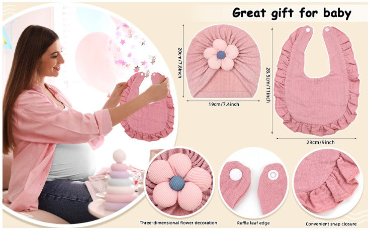 6Pcs Adorable Baby Floral TurbHat and Bib Set - Soft Ruffled Cotton with Delicate Floral Accents, Drool Towel Set, Newborn Gifts