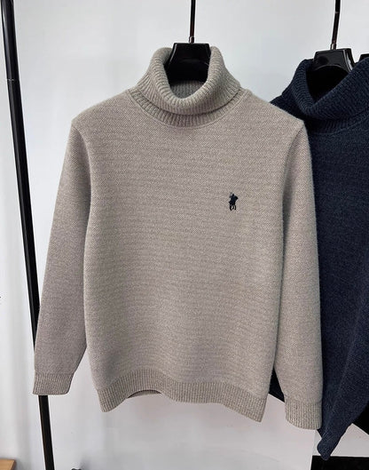 High end brand velvet sweater men's new fashion designer exquisite pony embroidery winter thick warm high neck knitted pullover