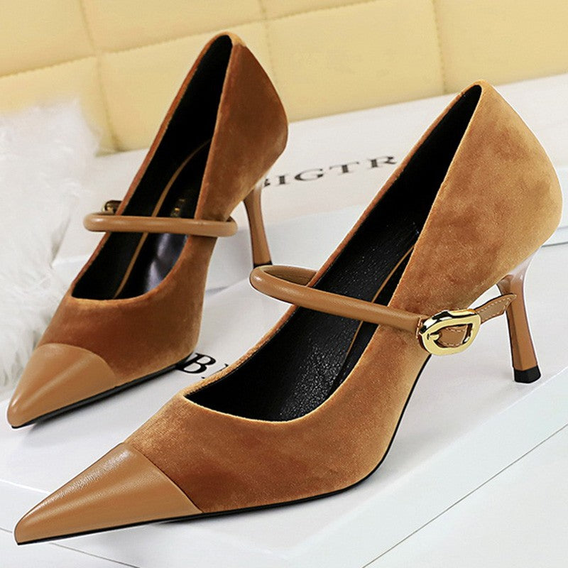 Korean Version Party 10cm 7cm High Heels Women Shoes Thin Heels Velvet Shallow Montage Pointed Toe Metal One-line Buckle Pumps