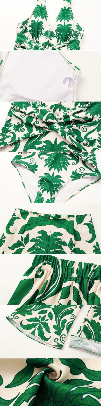 Flaxmaker Women Sexy Deep V Neck Printed One-piece Swimsuit and Pants Sets Swimwear Monokini Girl Beach Bathing Suits Beachwear