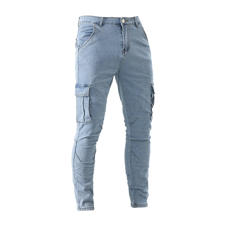 Calça Jeans Masculina Cargo Elástica Slim Fit Masculina Calça Jeans Cor Sólida Multi Bolsos Casual Skinny Calças Masculinas Roupa Masculina
