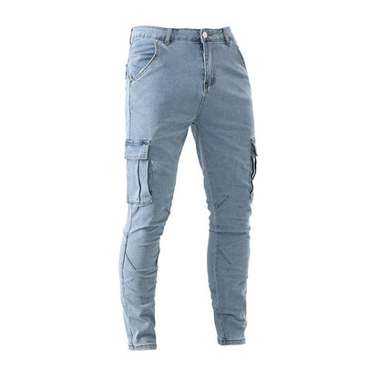 Calça Jeans Masculina Cargo Elástica Slim Fit Masculina Calça Jeans Cor Sólida Multi Bolsos Casual Skinny Calças Masculinas Roupa Masculina