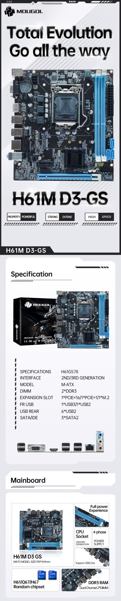 Placa-mãe MOUGOL H61M M.2 NVME PCIEx16 DVI Suporta RAM DDR3 de canal duplo CPU Intel Core 2/3 Gen LGA1155 para Computador Gamer