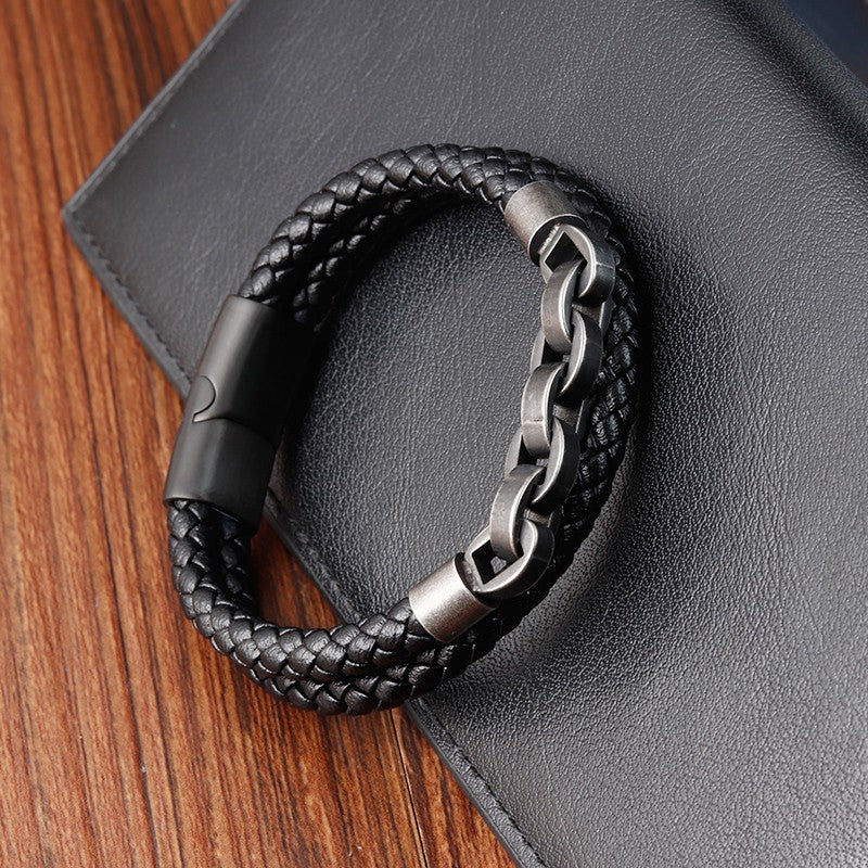 Pulseira de Couro Masculina, Formato Infinito, Padrão Popular, Joias de Aço Inoxidável, Acessórios, Presente