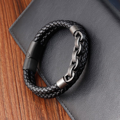 Pulseira de Couro Masculina, Formato Infinito, Padrão Popular, Joias de Aço Inoxidável, Acessórios, Presente