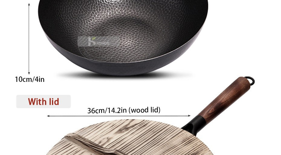 Panela Wok de Ferro Puro Konco, Panela de Ferro Fundido Antiaderente, Uso Geral para Fogão a Gás e Indução 32cm
